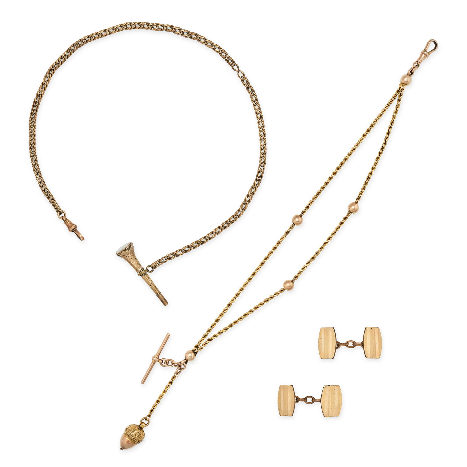 A MIXED LOT OF ANTIQUE GOLD JEWELLERY comprising a gold watch chain with a pendant set with polished (1 of 1)