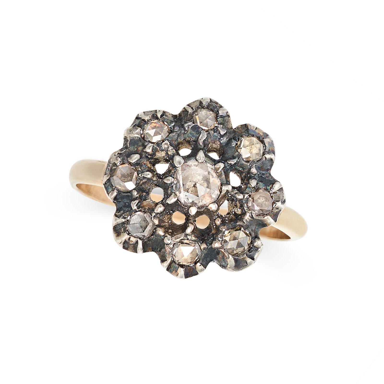 AN ANTIQUE DIAMOND CLUSTER RING in yellow gold and silver, set with a floral cluster of rose cut (1 of 1)