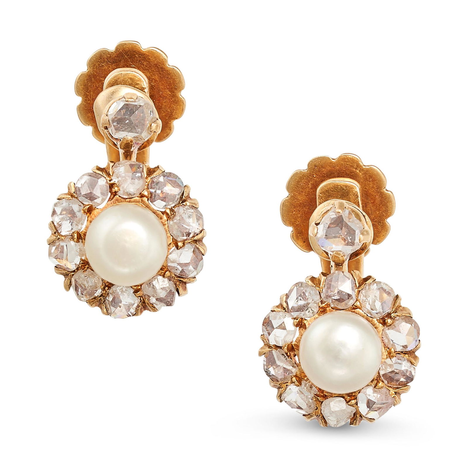 A PAIR OF ANTIQUE NATURAL PEARL AND DIAMOND EARRINGS in yellow gold, each set with a rose cut: A PAIR OF ANTIQUE NATURAL PEARL AND DIAMOND EARRINGS in yellow gold, each set with a rose cut diamond suspending a natural pearl in a cluster of further rose cut diamonds, no assay marks, 1.3cm, 3.8g.