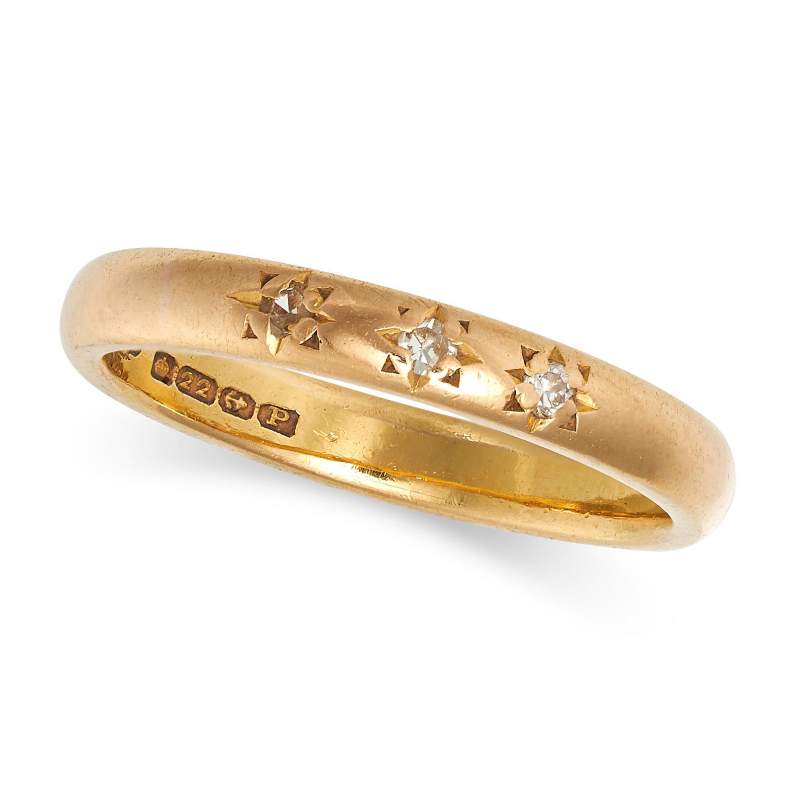 A VINTAGE DIAMOND BAND RING in 22ct yellow gold, the gold band with three star motifs set with rose (1 of 1)
