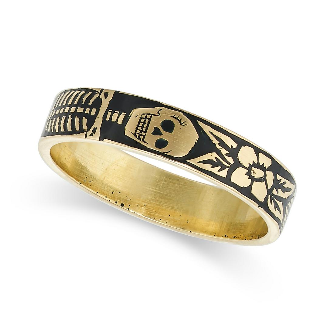 A VINTAGE BLACK ENAMEL SKELETON RING in 18ct yellow gold, the band set with black enamel depicting a (1 of 1)