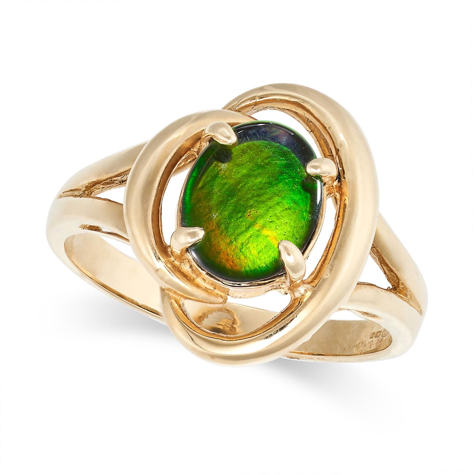 AN AMMOLITE RING in 14ct yellow gold, set with an oval polished ammolite, stamped 14K, size O1/2 / (1 of 1)