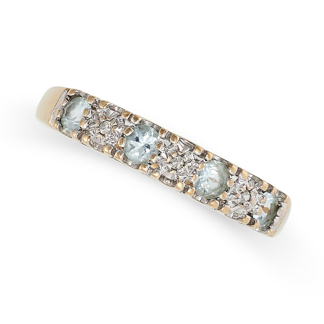 AN AQUAMARINE AND DIAMOND HALF ETERNITY RING in 9ct yellow gold, set with a row of alternating round (1 of 2)