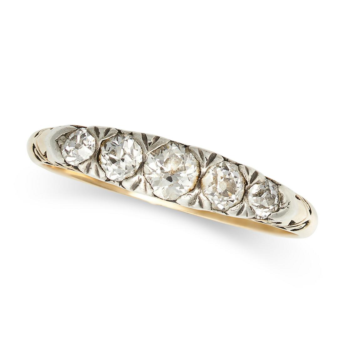 AN ANTIQUE DIAMOND FIVE STONE RING in 18ct yellow gold, set with a row of old cut diamonds to a (1 of 2)