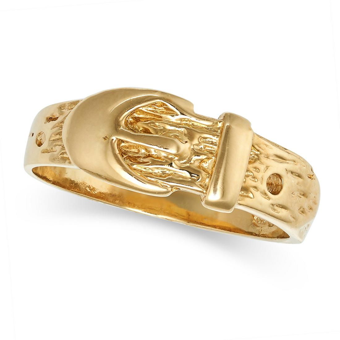 A VINTAGE GOLD BELT RING in 18ct yellow gold, designed as a belt, stamped 750, size N / 6.75, (1 of 2)