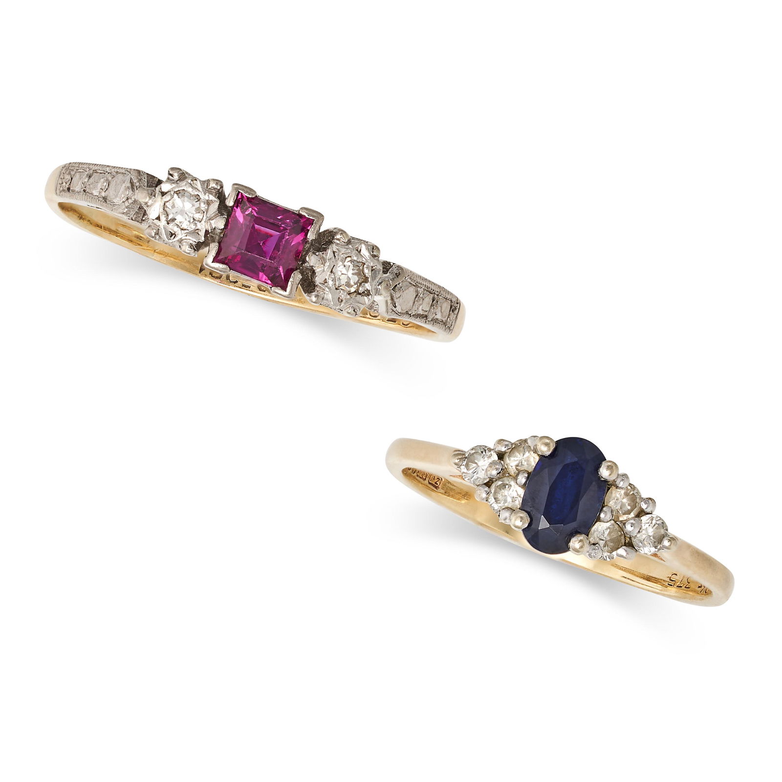 A SET OF TWO THREE STONE RINGS one in 18ct yellow gold and platinum, set with a square step cut ruby (1 of 5)