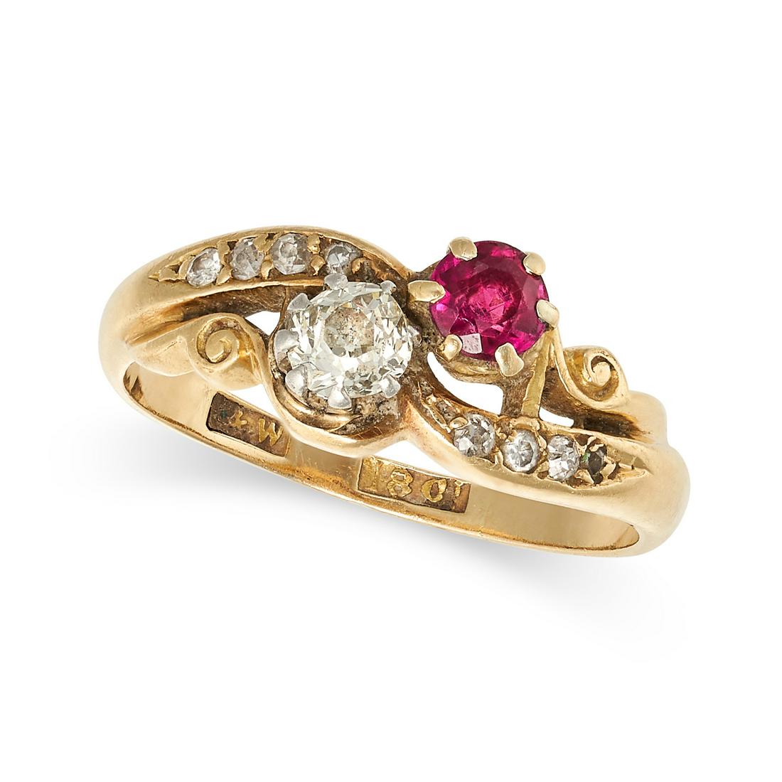 A VINTAGE RUBY AND DIAMOND TOI ET MOI RING in 18ct yellow gold, set with a round cut ruby and old (1 of 1)