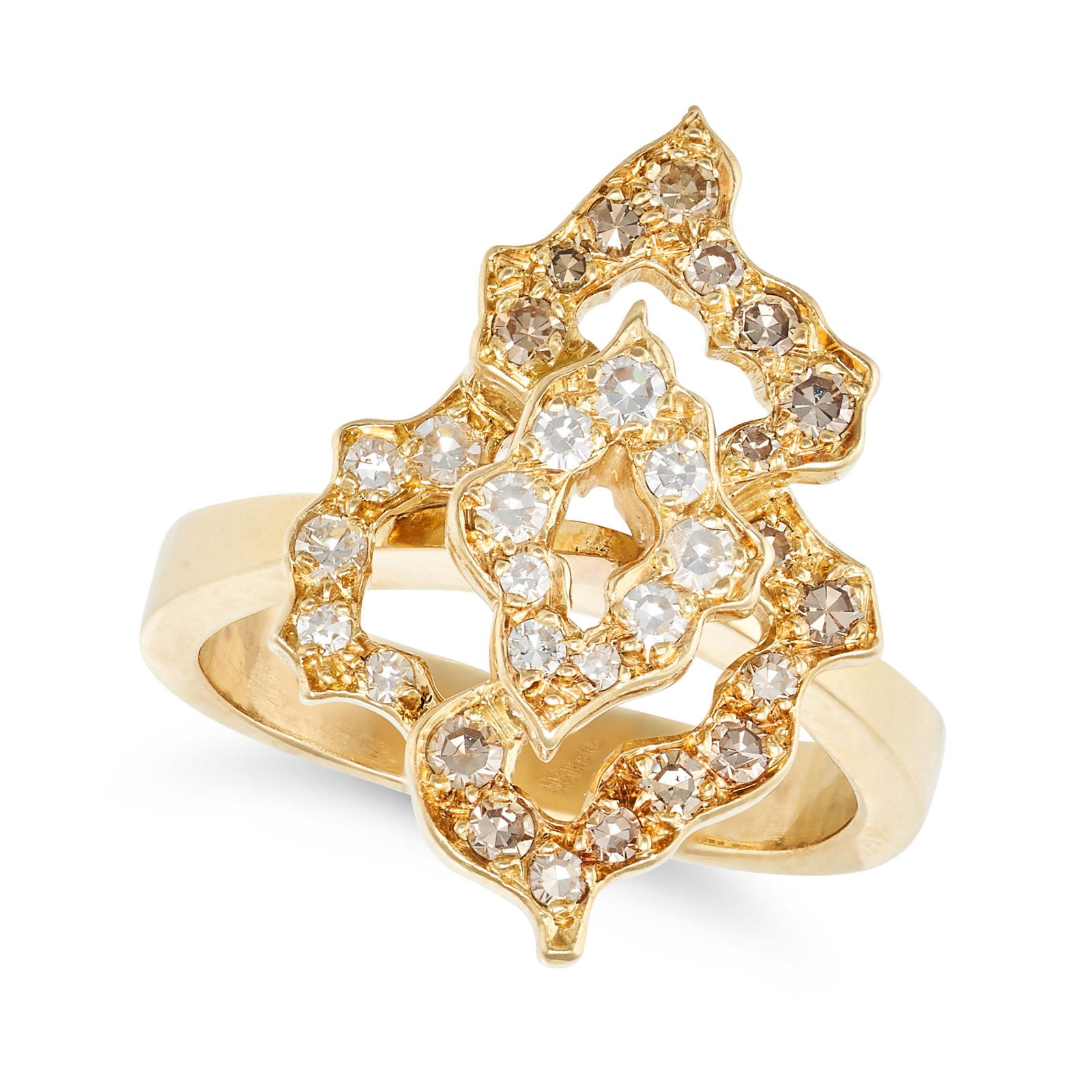 ANDREW GRIMA, A VINTAGE DIAMOND DRESS RING, 1970 in 18ct yellow gold, designed as a stylised flower: ANDREW GRIMA, A VINTAGE DIAMOND DRESS RING, 1970 in 18ct yellow gold, designed as a stylised flower set with single cut diamonds, signed Andrew Grima, HJCo maker's mark, full British hallmarks for Lon