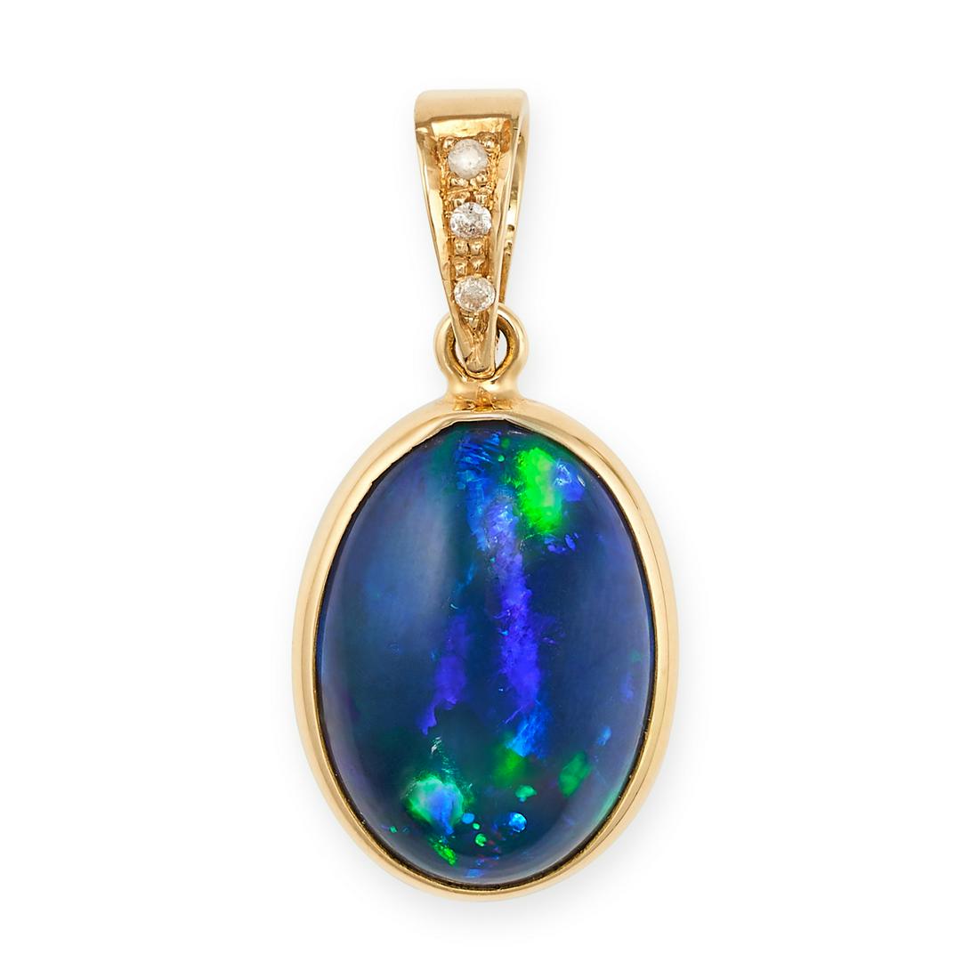A BLACK OPAL AND DIAMOND PENDANT in 18ct yellow gold, set with a cabochon black opal of 3.40 carats,: A BLACK OPAL AND DIAMOND PENDANT in 18ct yellow gold, set with a cabochon black opal of 3.40 carats, the bail accented by three round cut diamonds, stamped 18K, 2.2cm, 1.4g.