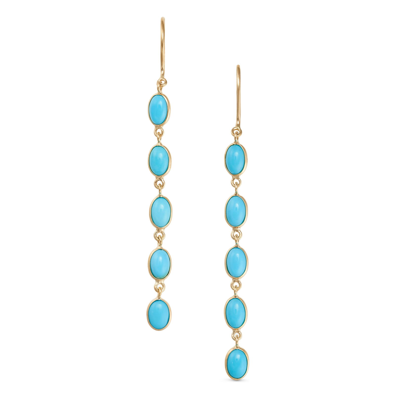 A PAIR OF TURQUOISE DROP EARRINGS in 18ct yellow gold, each set with a row of five oval cabochon (1 of 1)