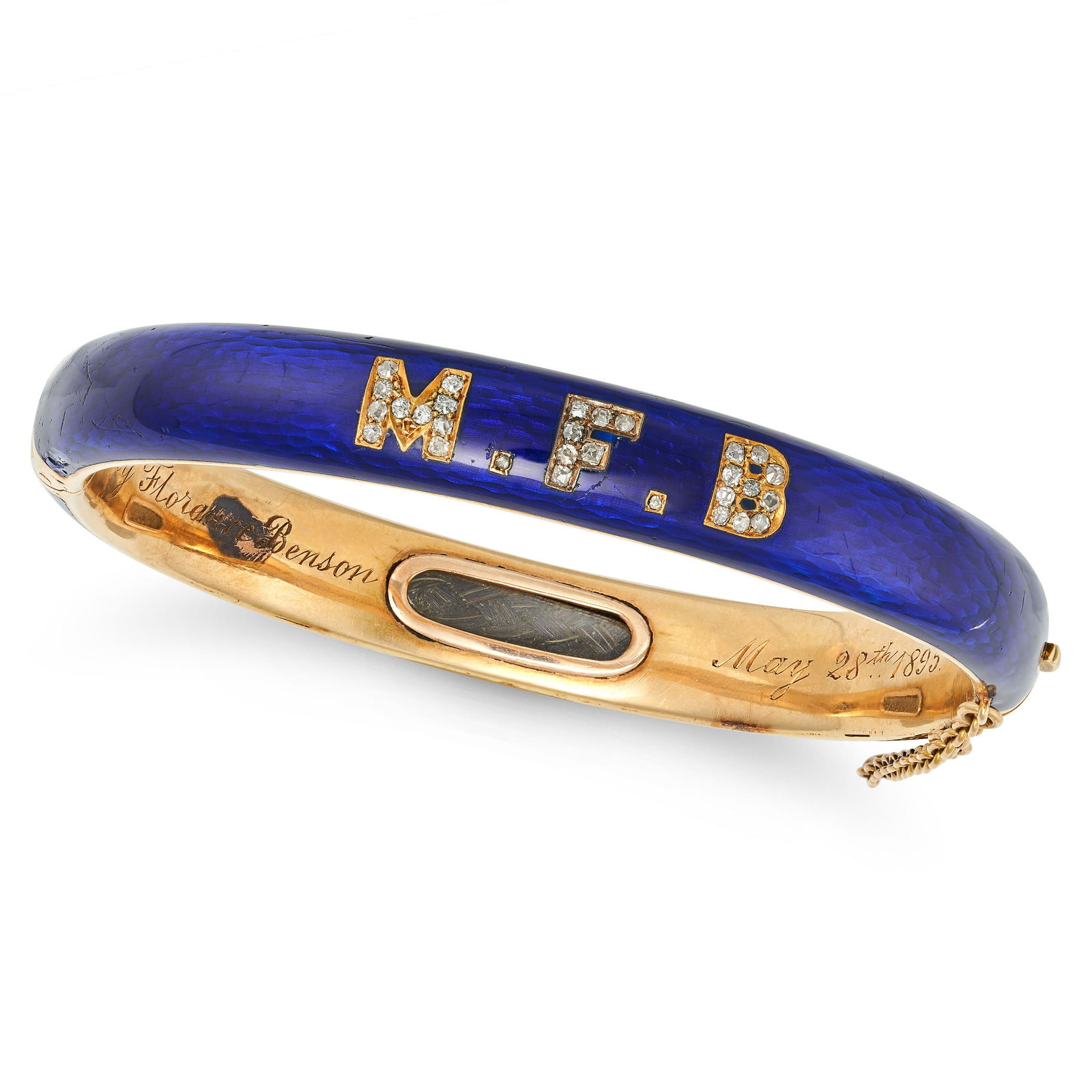 AN ANTIQUE VICTORIAN ENAMEL AND DIAMOND BANGLE in yellow gold, the hinged body decorated with blue (1 of 1)