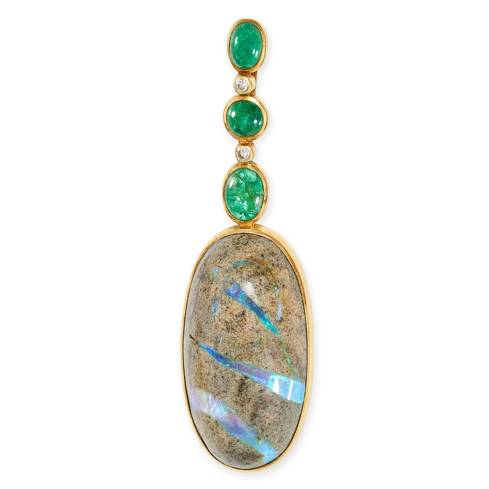 ANDREW GRIMA, A VINTAGE BOULDER OPAL, EMERALD AND DIAMOND PENDANT, 1984 in 18ct yellow gold,: ANDREW GRIMA, A VINTAGE BOULDER OPAL, EMERALD AND DIAMOND PENDANT, 1984 in 18ct yellow gold, comprising a row of alternating oval cabochon emeralds and single cut diamonds, suspending an oval cabochon
