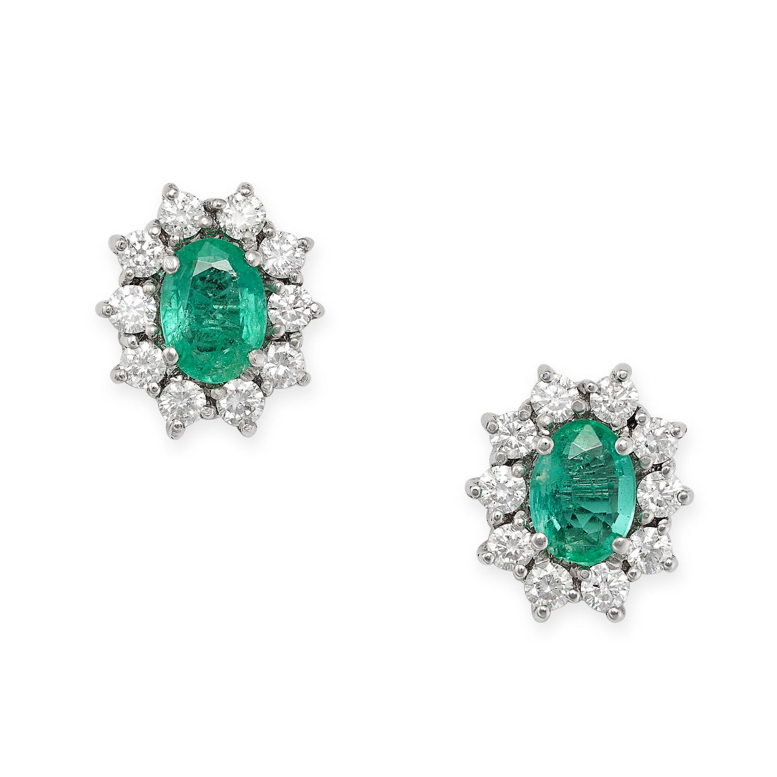 A PAIR OF EMERALD AND DIAMOND CLUSTER EARRINGS each set with an oval cut emerald in a cluster of (1 of 1)
