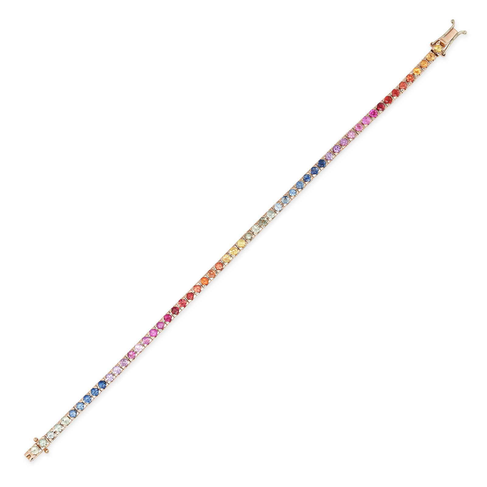 A MULTICOLOUR SAPPHIRE LINE BRACELET in 18ct rose gold, set with a row of orange, pink, yellow, (1 of 1)