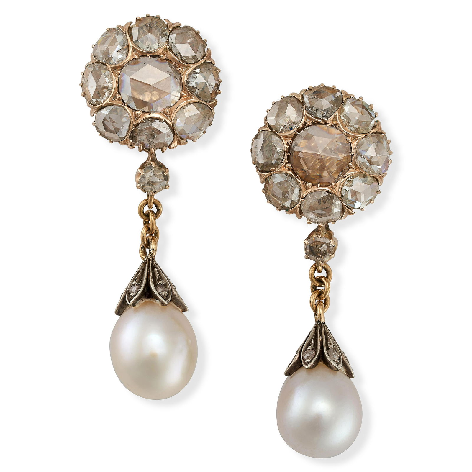 A PAIR OF DIAMOND AND PEARL DROP EARRINGS in yellow gold, each set with a cluster of rose cut (1 of 1)