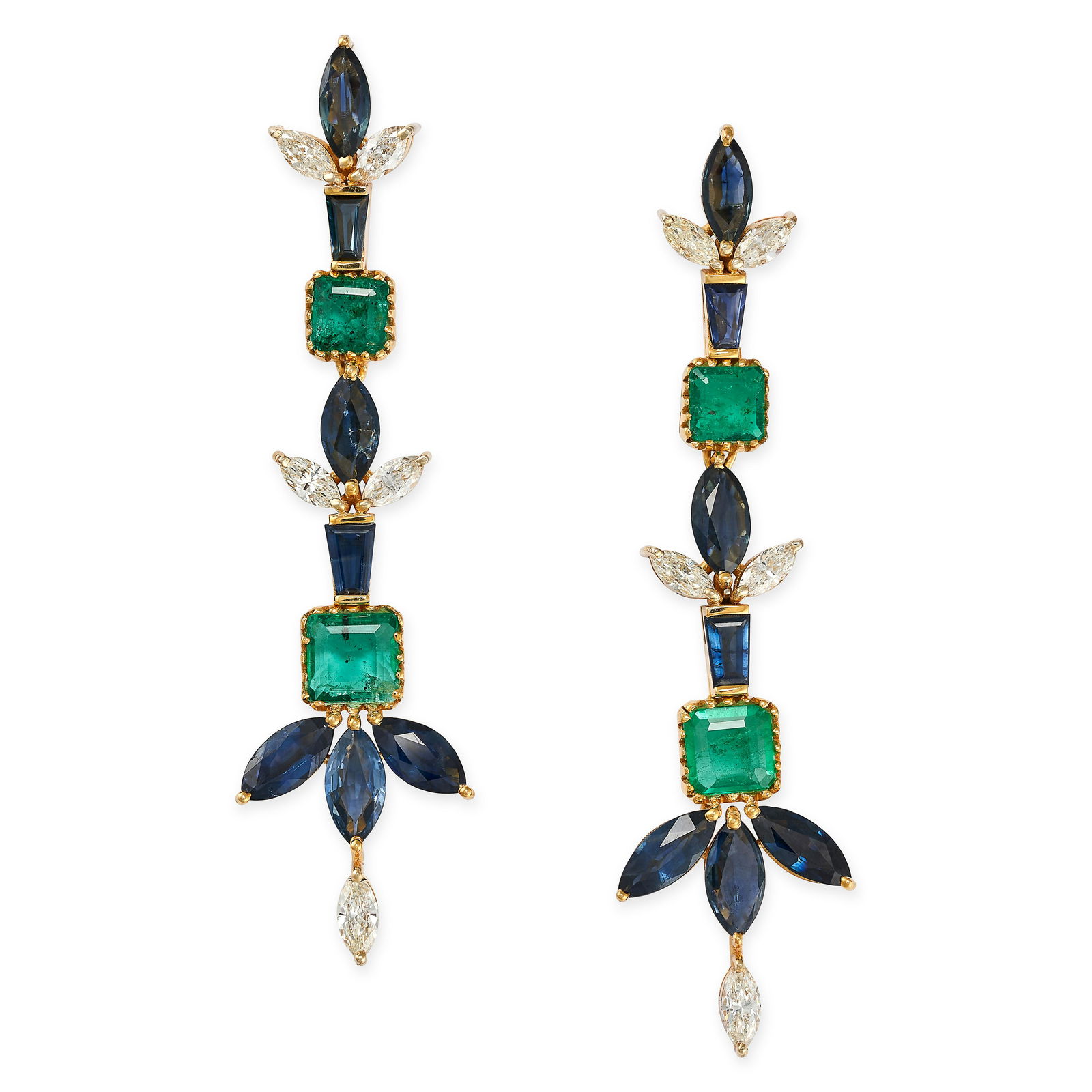 A PAIR OF SAPPHIRE, EMERALD, AND DIAMOND DROP EARRINGS in 14ct yellow gold, each set with a row of (1 of 1)