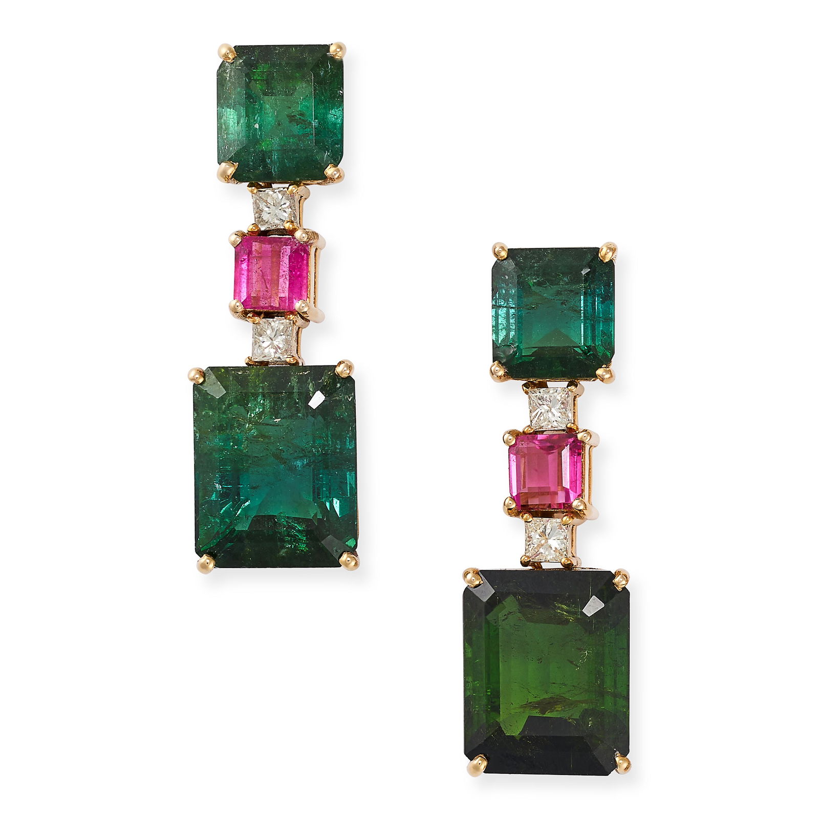A PAIR OF GREEN AND PINK TOURMALINE AND DIAMOND EARRINGS in 14ct yellow gold, each set with two (1 of 1)