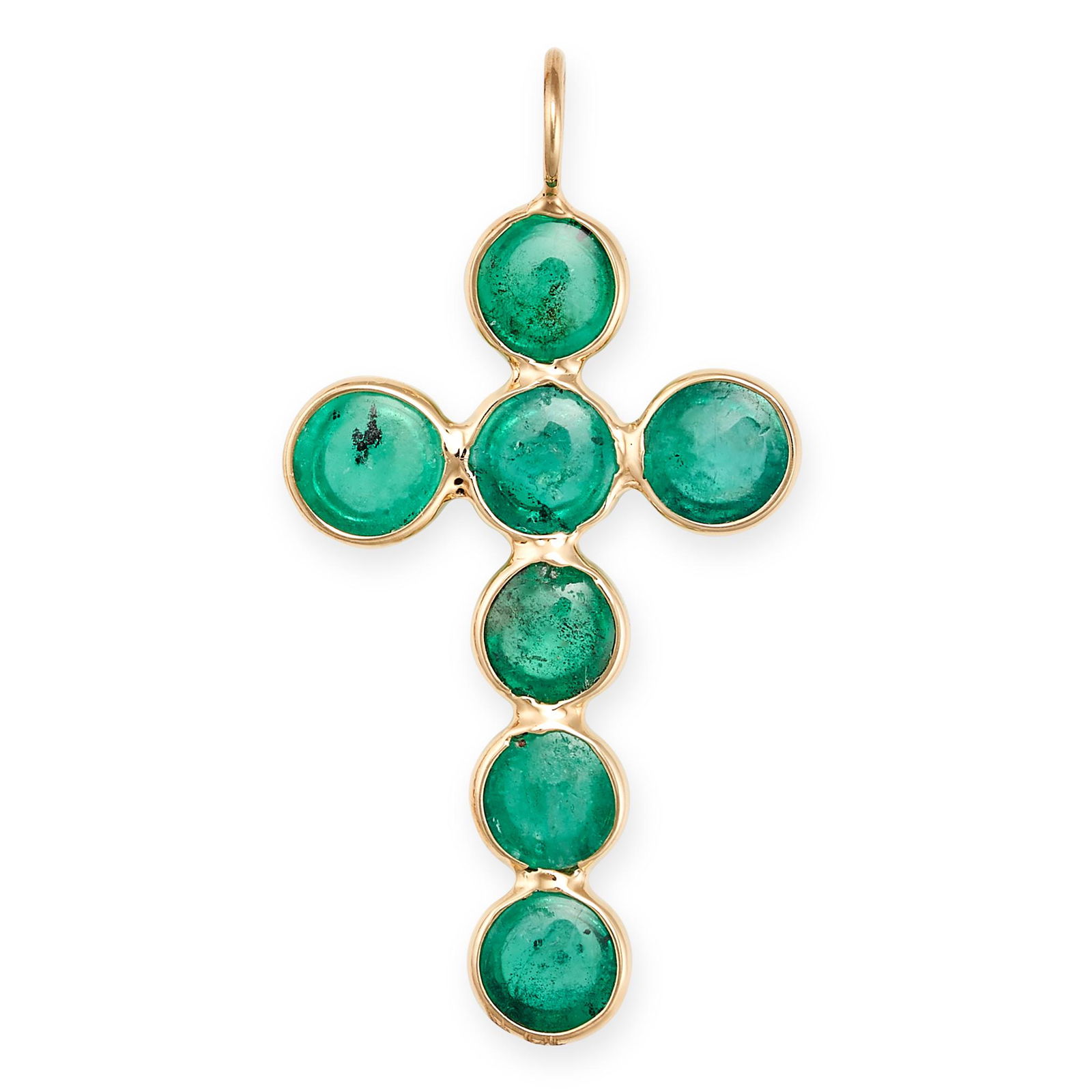 AN EMERALD CROSS PENDANT in yellow gold, designed as a cross set with cabochon emeralds, no assay (1 of 1)