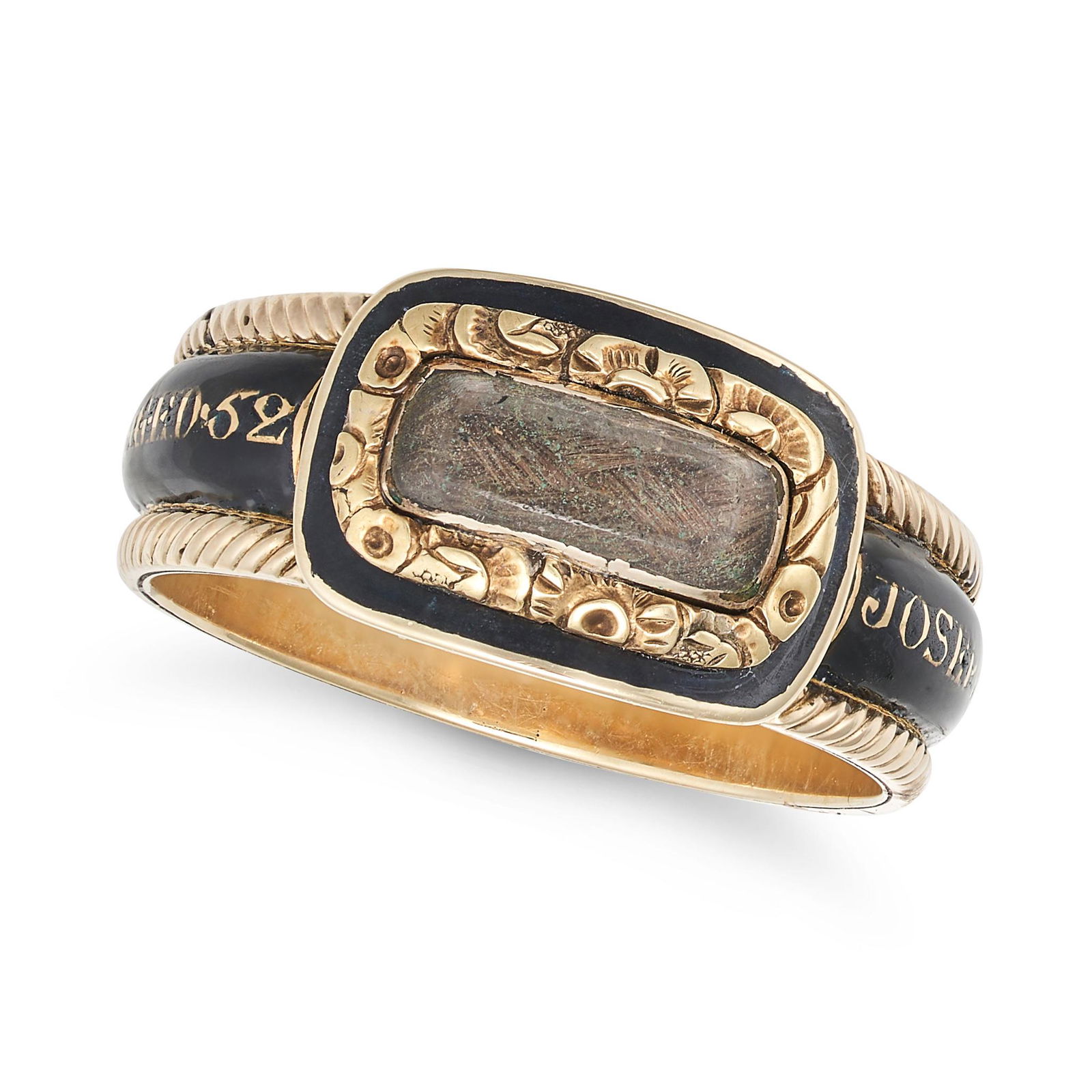 AN ANTIQUE GEORGIAN ENAMEL MOURNING RING in yellow gold, decorated in black enamel with the words... (1 of 2)