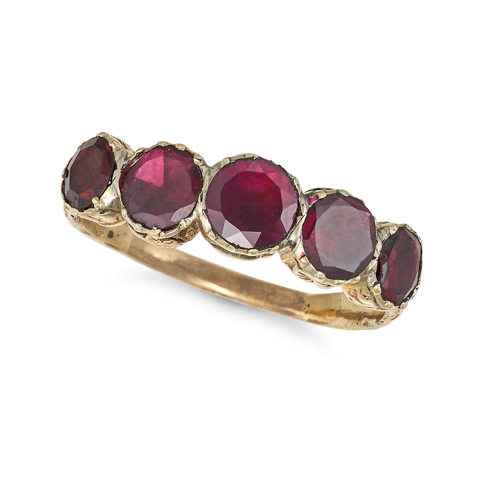 AN ANTIQUE GARNET HALF ETERNITY RING in yellow gold, set with five round cut garnets, no assay ma... (1 of 2)