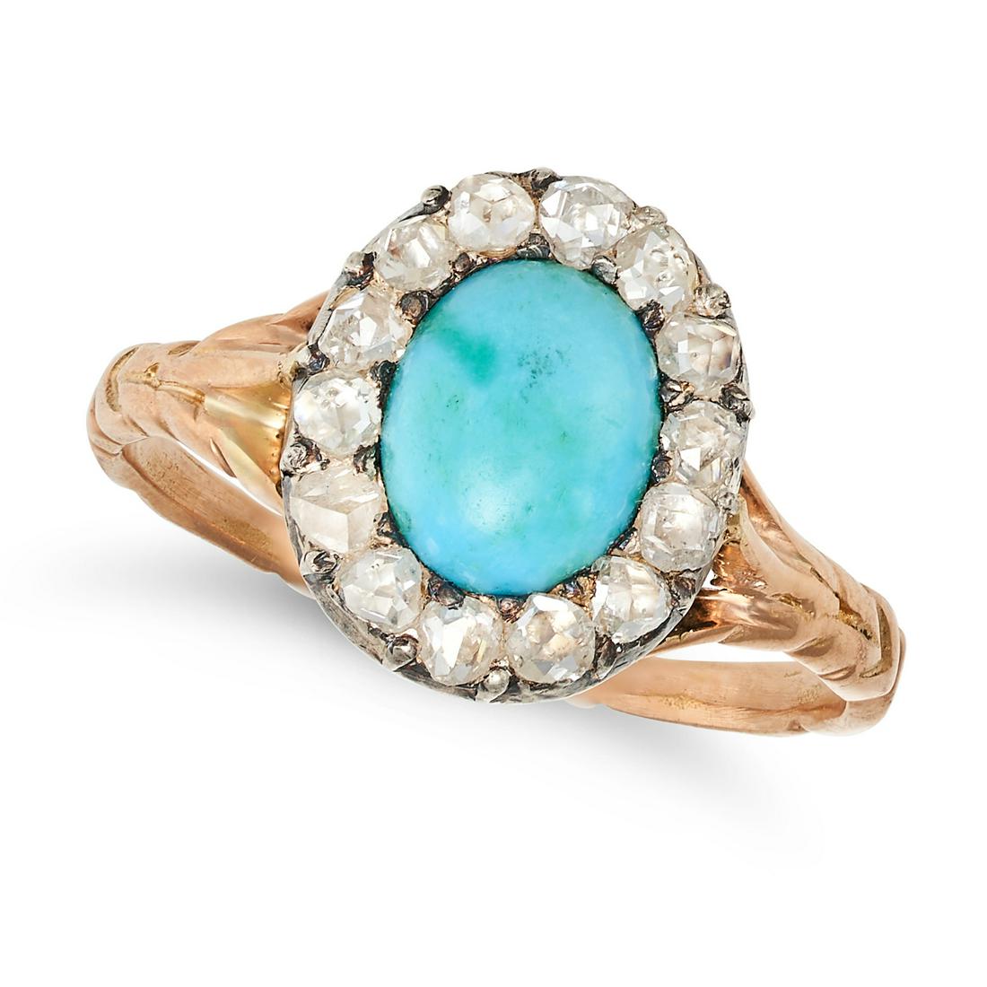 AN ANTIQUE TURQUOISE AND DIAMOND CLUSTER RING in yellow gold, set with an oval cabochon turquoise... (1 of 1)