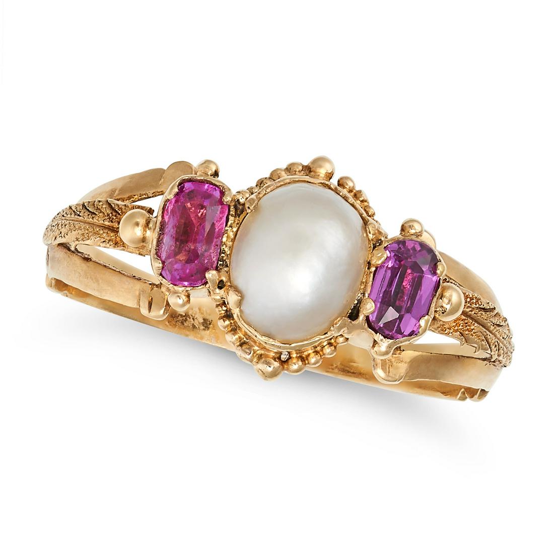 AN ANTIQUE PEARL AND RUBY RING in yellow gold, set with a pearl between two cushion cut rubies, a... (1 of 2)