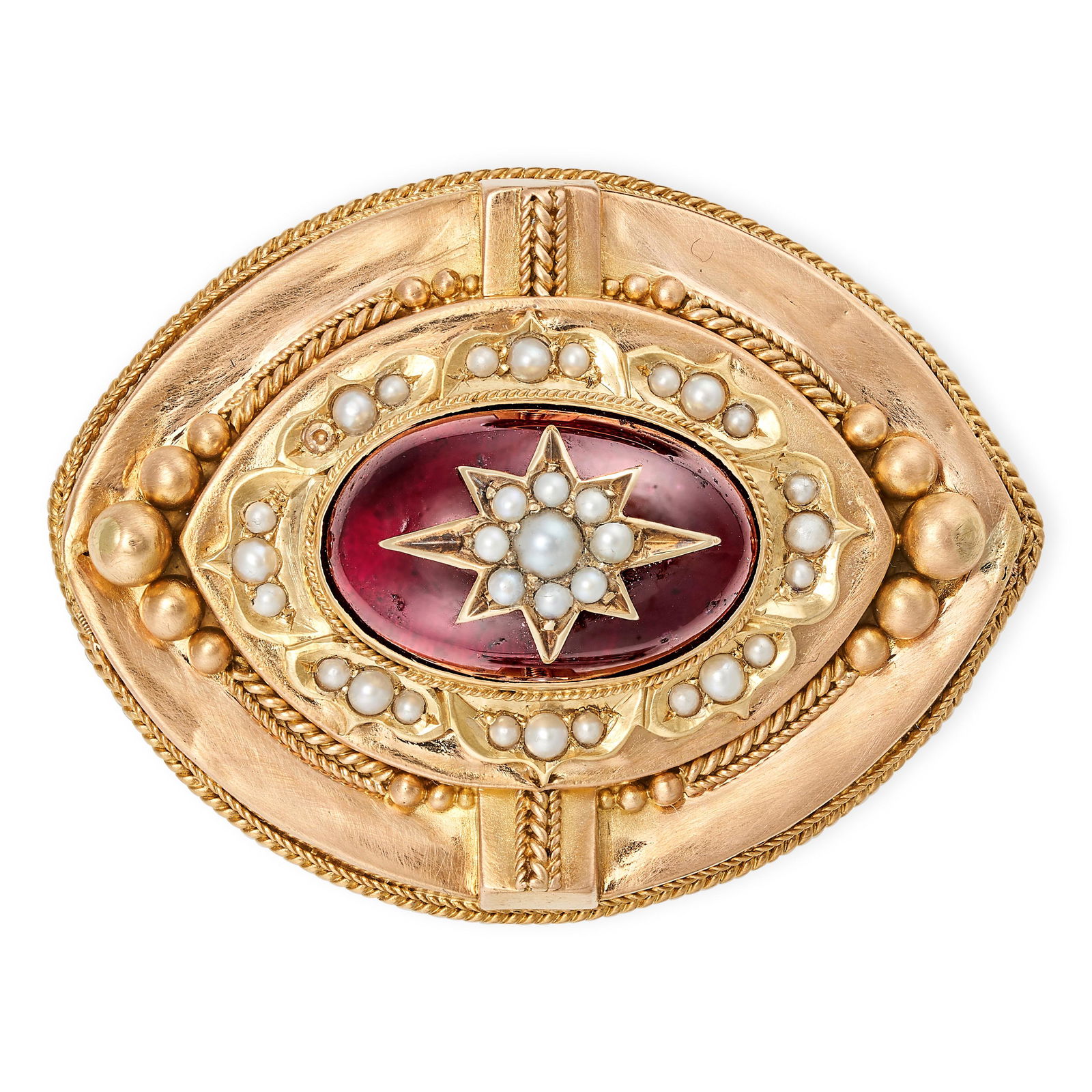 AN ANTIQUE GARNET AND PEARL ETRUSCAN REVIVAL LOCKET BROOCH, 19TH CENTURY in yellow gold, the nave... (1 of 1)