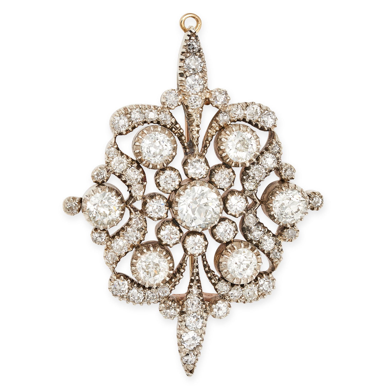 AN ANTIQUE DIAMOND BROOCH / PENDANT in yellow gold and silver, the openwork body set throughout w... (1 of 1)