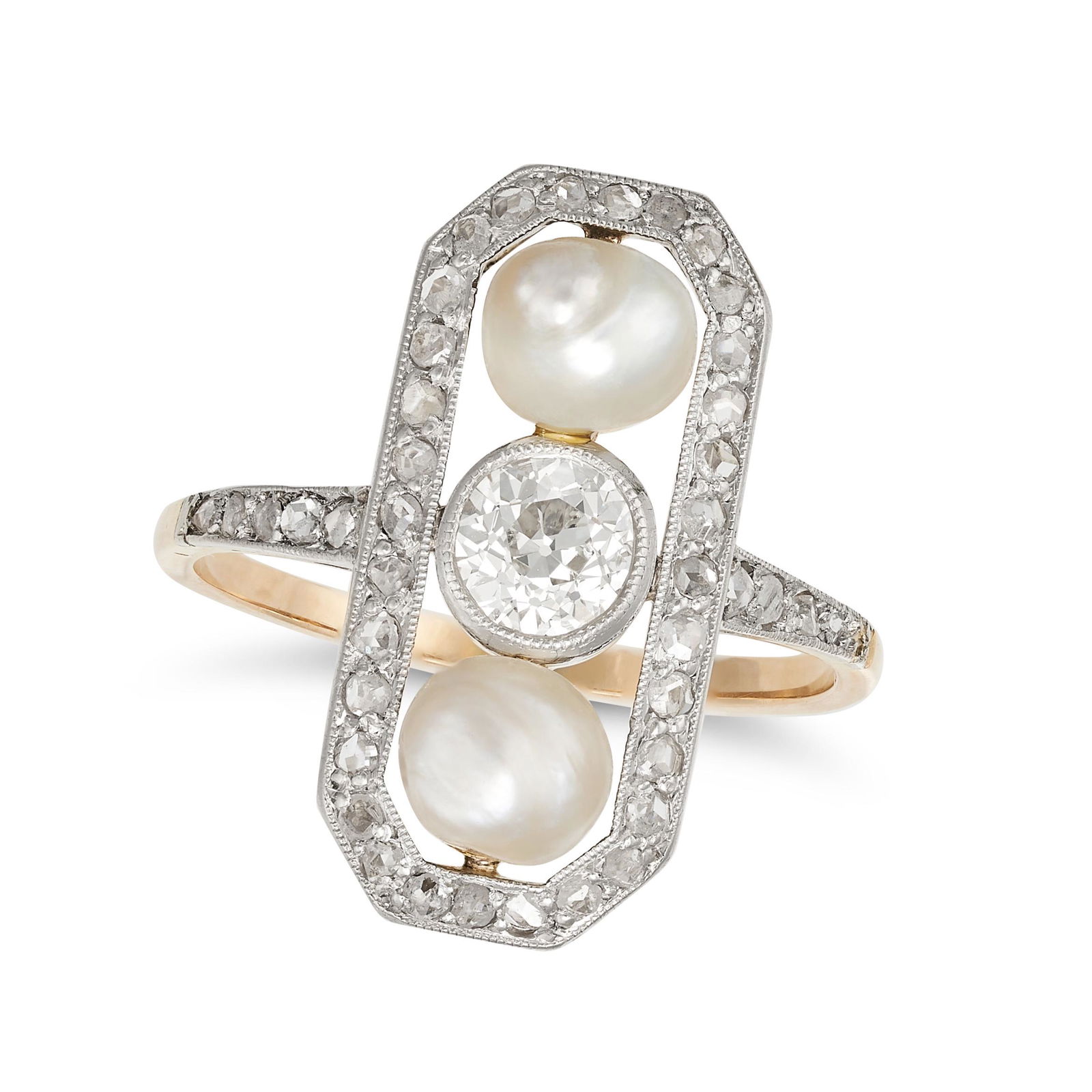AN ANTIQUE PEARL AND DIAMOND RING, EARLY 20TH CENTURY in yellow gold, the openwork face set with ... (1 of 2)
