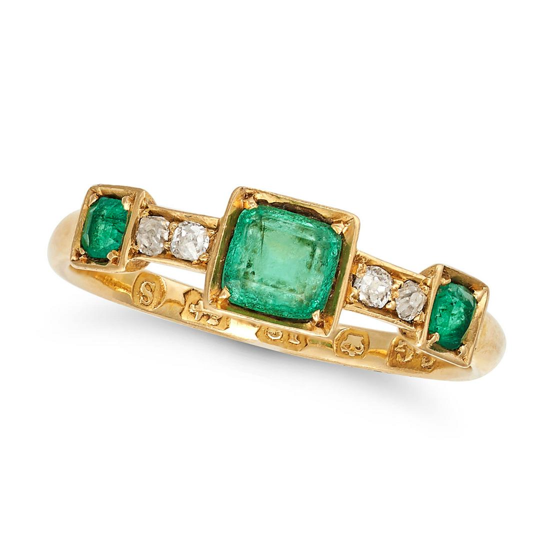 AN ANTIQUE EMERALD AND DIAMOND RING in 18ct yellow gold, set with square step and cushion cut eme... (1 of 1)