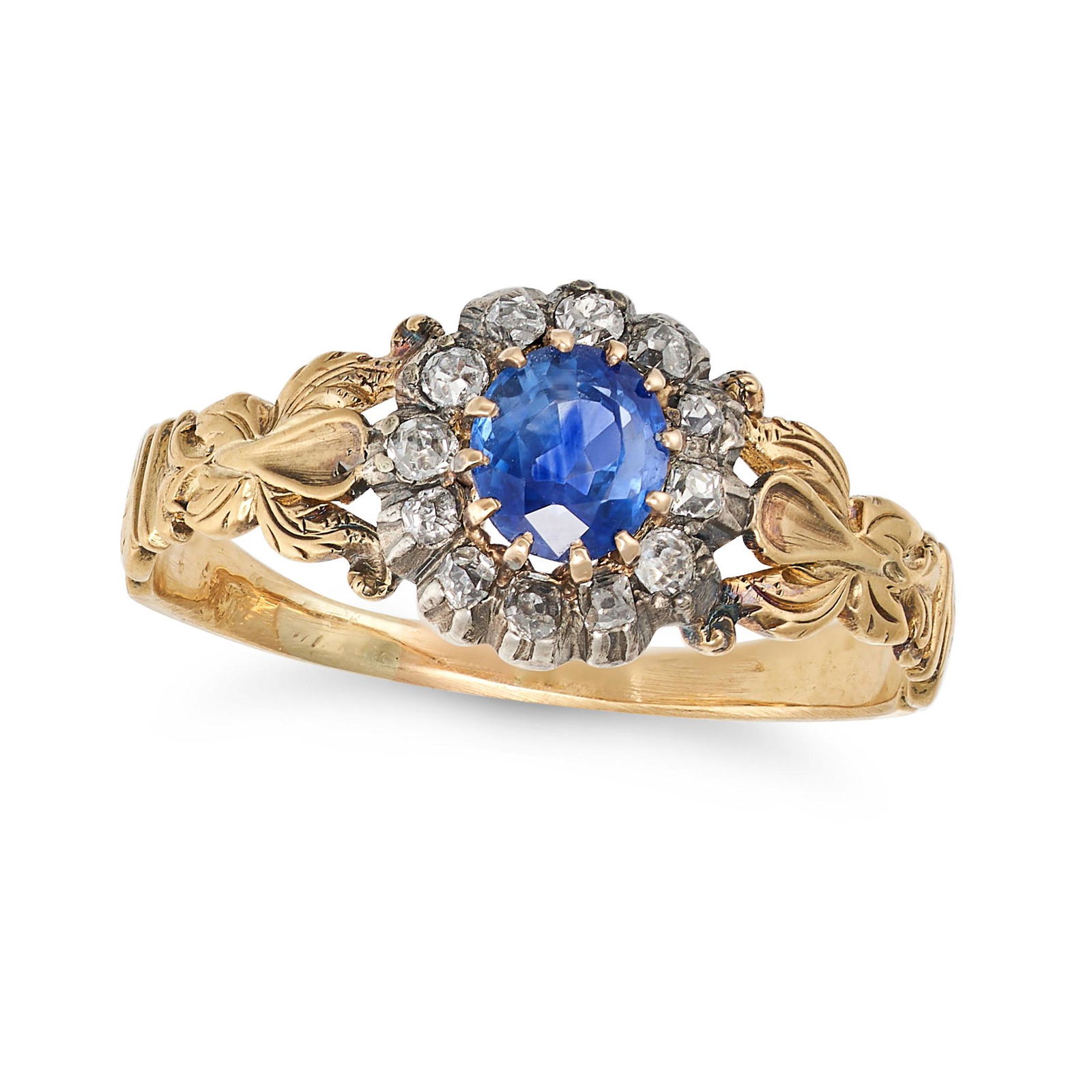 AN ANTIQUE SAPPHIRE AND DIAMOND CLUSTER RING in yellow gold and silver, set with an oval cut sapp... (1 of 2)
