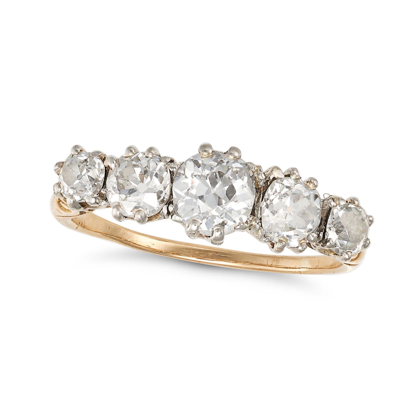 AN ANTIQUE DIAMOND FIVE STONE RING in yellow gold, set with five graduated old cut diamonds, the ... (1 of 2)