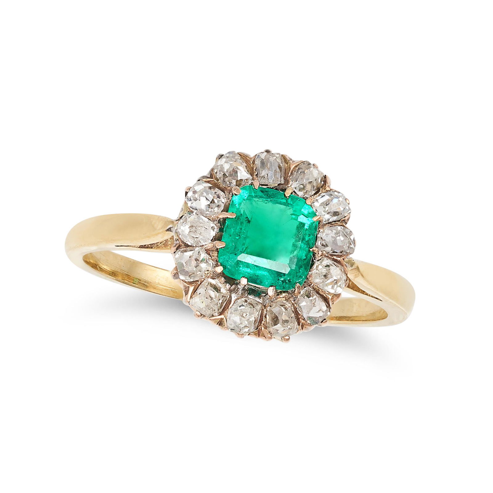 A VINTAGE EMERALD AND DIAMOND CLUSTER RING in yellow gold, set with an octagonal step cut emerald... (1 of 1)