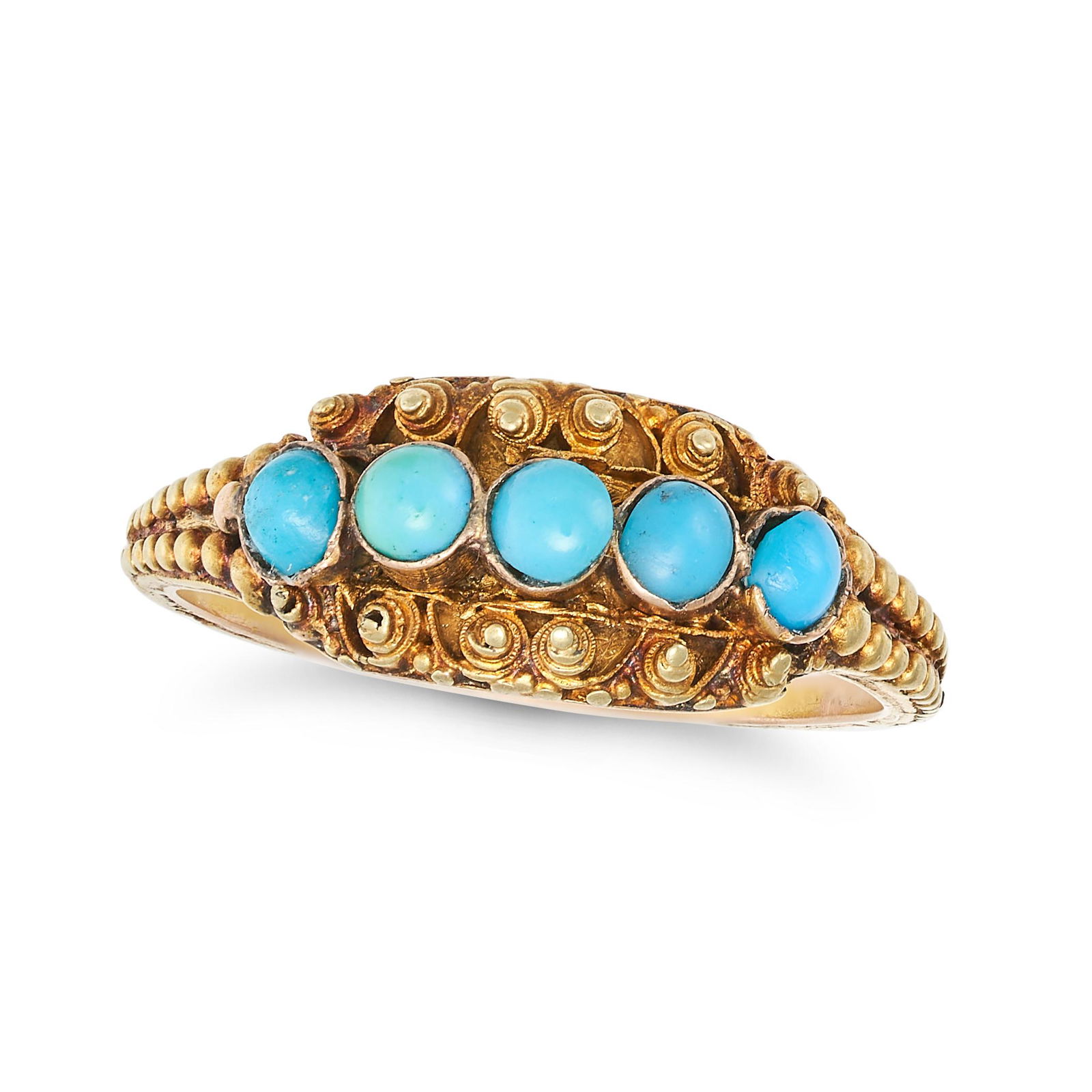 AN ANTIQUE TURQUOISE RING in yellow gold, set with a row of five round cabochon turquoise accente... (1 of 2)