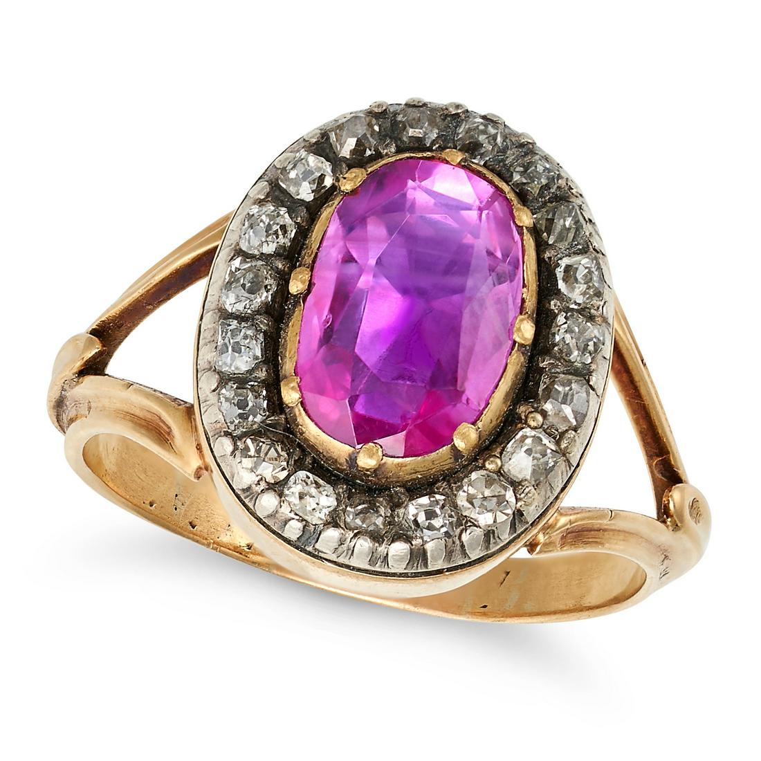 AN ANTIQUE BURMA NO HEAT PINK SAPPHIRE AND DIAMOND CLUSTER RING in yellow gold and silver, set wi... (1 of 1)