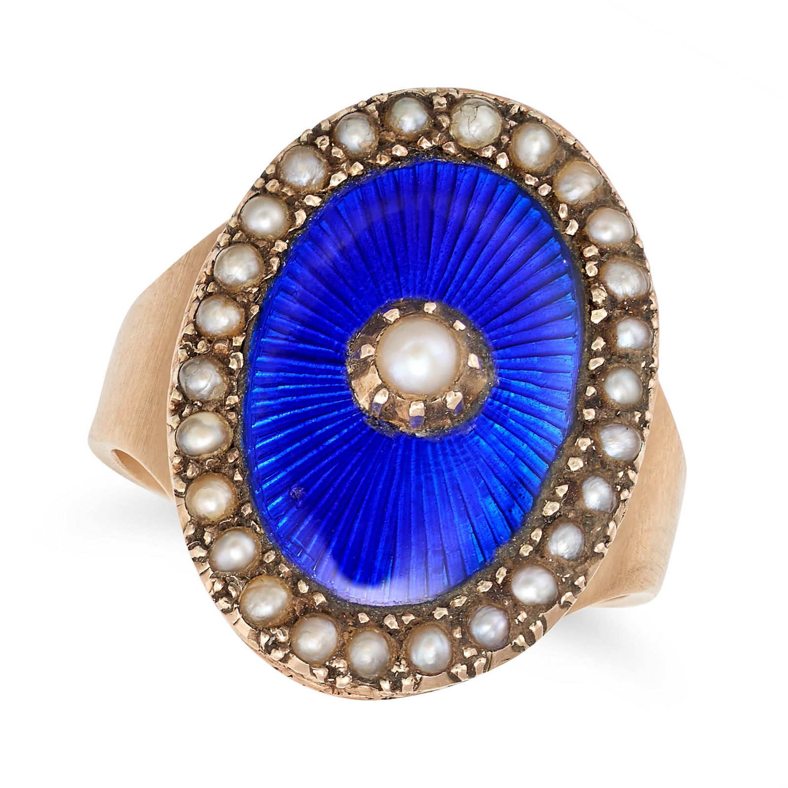 AN ANTIQUE PEARL AND ENAMEL RING, 19TH CENTURY AND LATER in yellow gold, the oval face decorated ... (1 of 2)