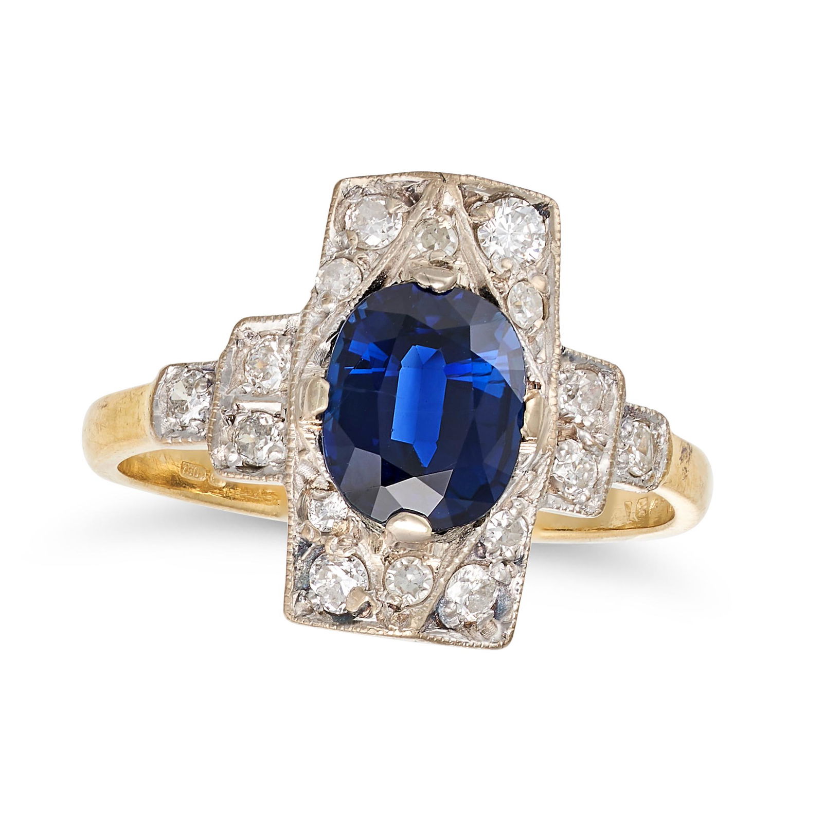 AN ANTIQUE SAPPHIRE AND DIAMOND DRESS RING in 18ct yellow gold, set with an oval cut sapphire of ... (1 of 1)