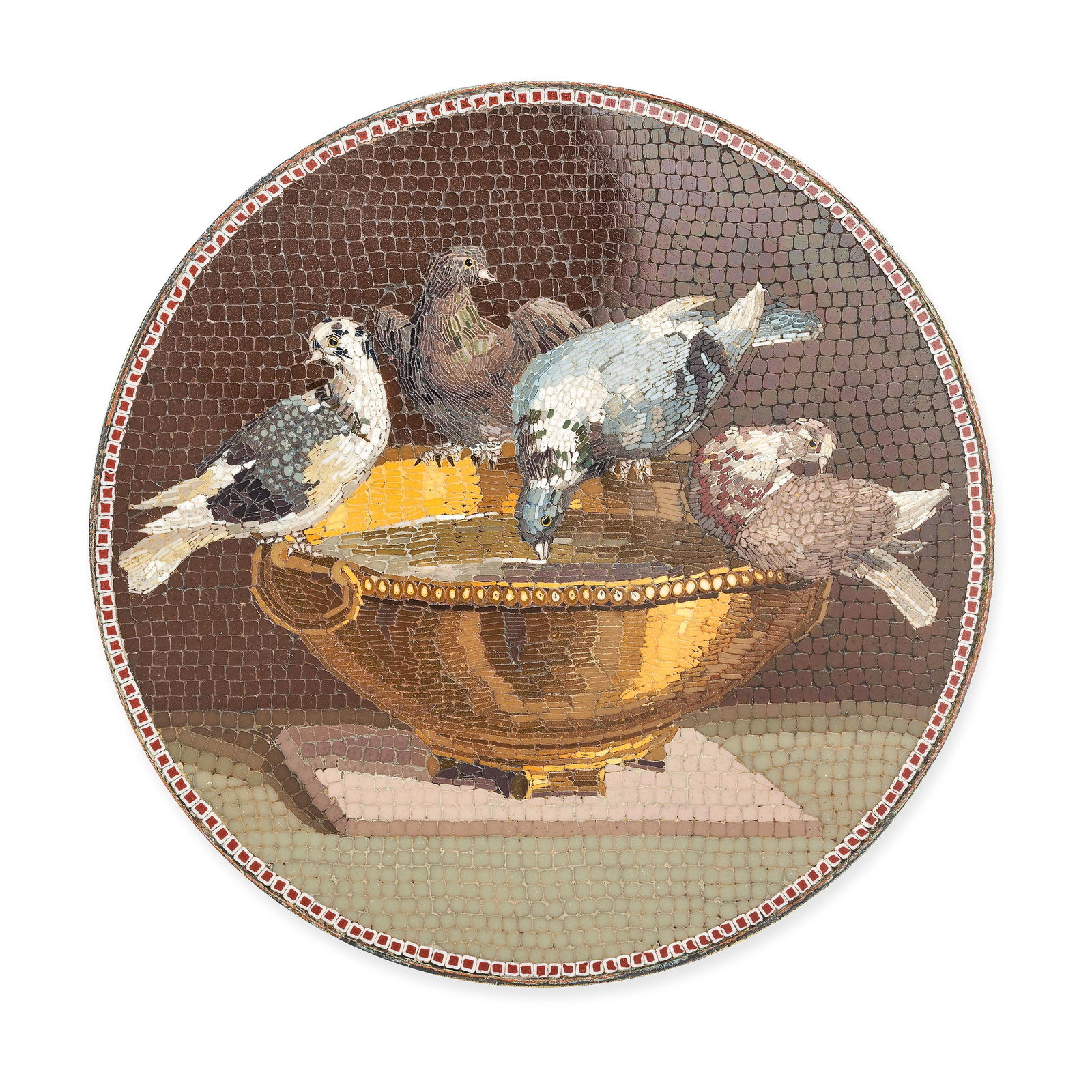 A FINE ANTIQUE DOVES OF PLINY MICROMOSAIC PLAQUE the circular face inlaid with varicoloured hards... (1 of 1)