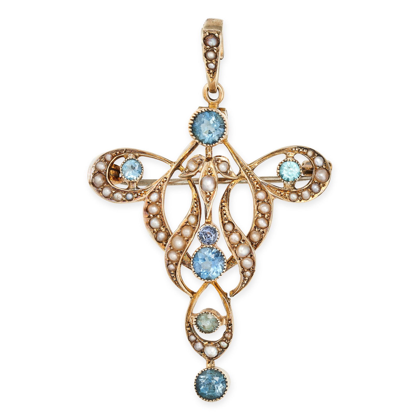 AN ANTIQUE EDWARDIAN BLUE TOPAZ AND PEARL BROOCH / PENDANT in yellow gold, the openwork scrolling... (1 of 1)
