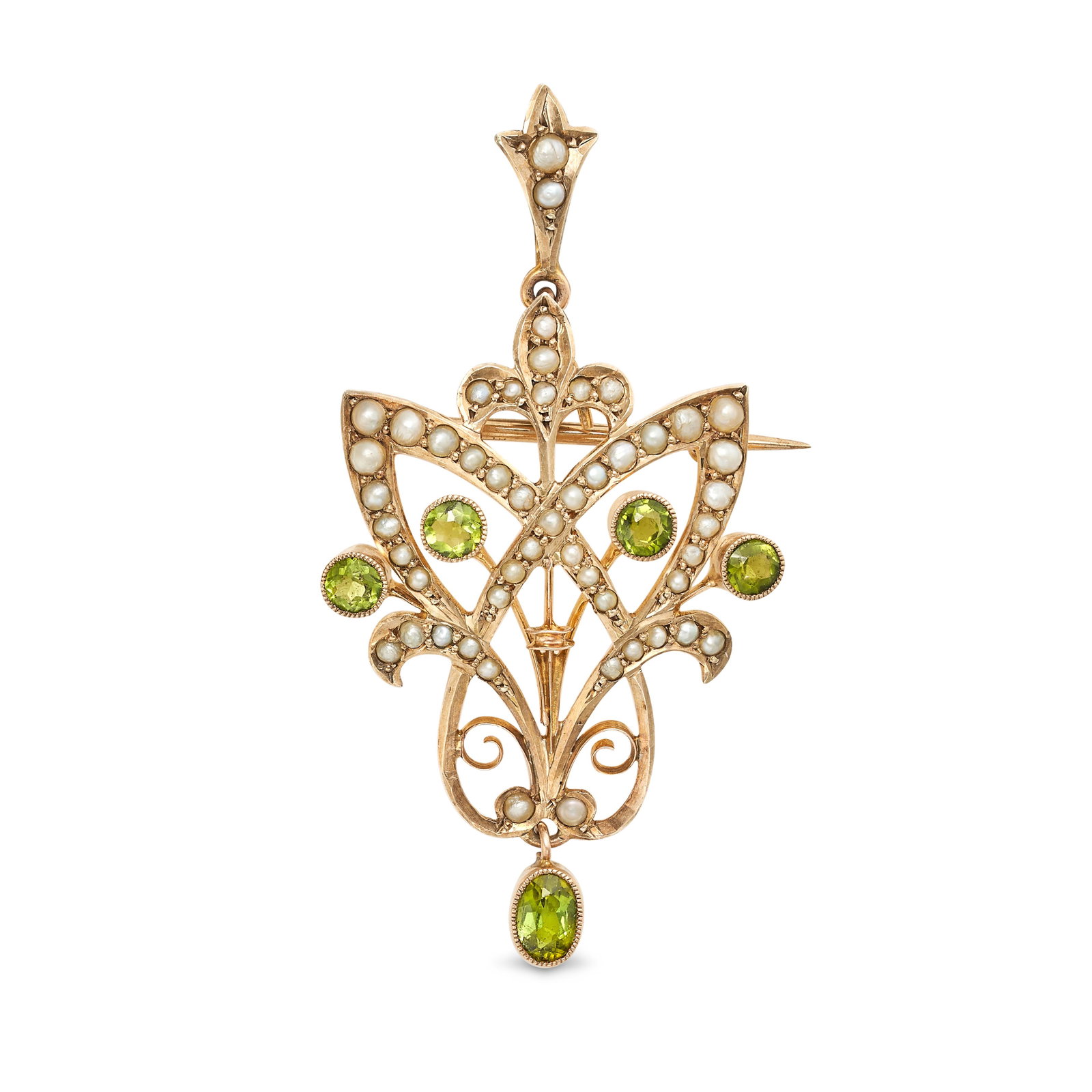 AN ANTIQUE EDWARDIAN PERIDOT AND PEARL BROOCH / PENDANT in 9ct yellow gold, the scrolling body se...: AN ANTIQUE EDWARDIAN PERIDOT AND PEARL BROOCH / PENDANT in 9ct yellow gold, the scrolling body set throughout with round cut peridots and pearls, suspending an oval cut peridot drop, further pearls se