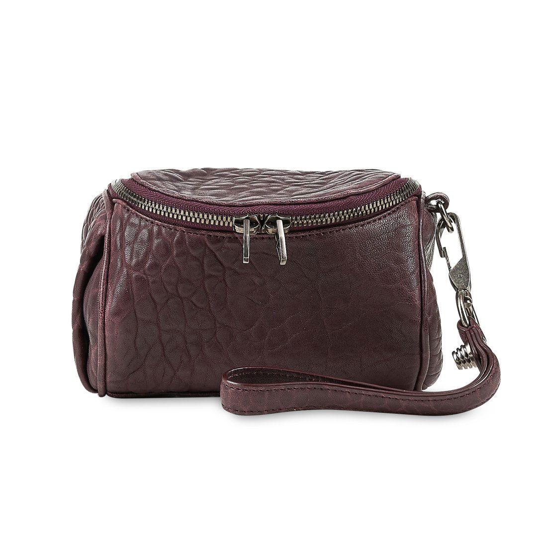 NO RESERVE - ALEXANDER WANG, A PURPLE WRISTLET: ALEXANDER WANG, A PURPLE WRISTLET Condition grade C+. 217cm wide, 11cm high, 14cm handle drop. Textured purple leather with aged silver hardware. One main compartment, wristlet handle. Includes care c