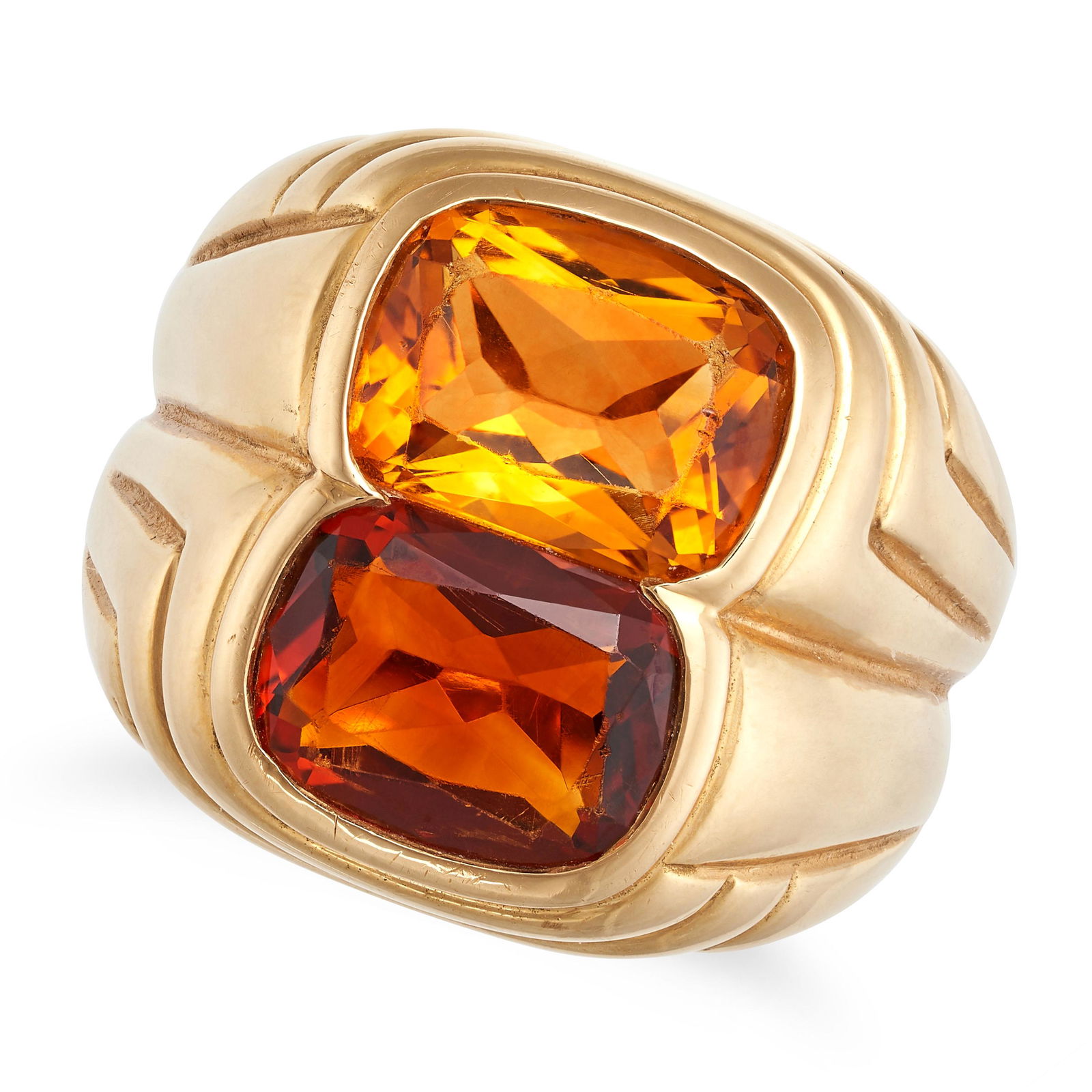 BULGARI, A CITRINE AND TOPAZ DOPPIO RING in 18ct yellow gold, set with a cushion cut citrine and ... (1 of 2)
