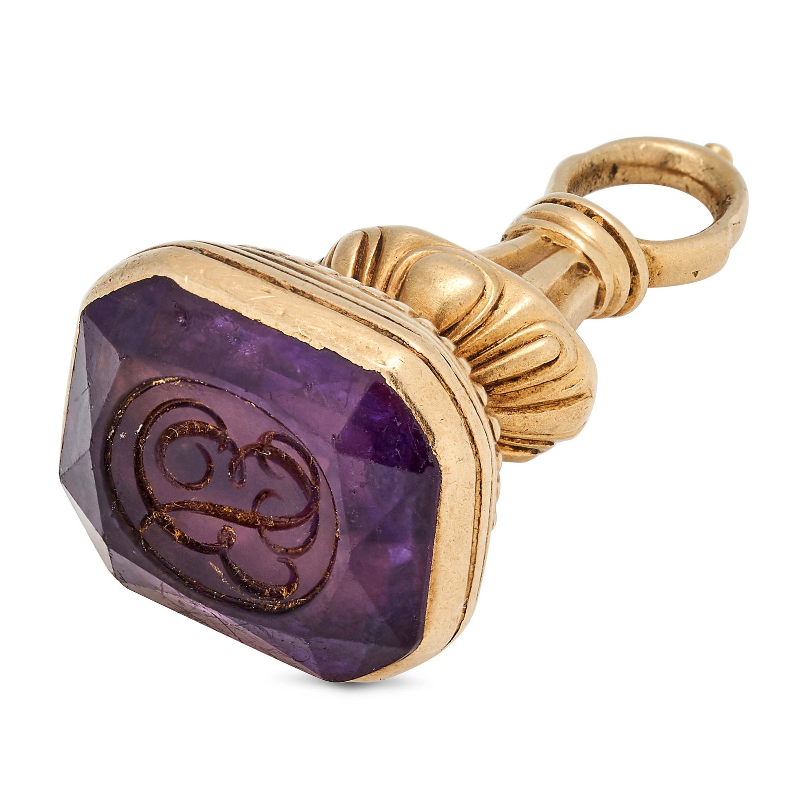 NO RESERVE - AN ANTIQUE AMETHYST INTAGLIO FOB SEAL PENDANT the fluted seal set with an amethyst i...: NO RESERVE - AN ANTIQUE AMETHYST INTAGLIO FOB SEAL PENDANT the fluted seal set with an amethyst intaglio carved with the initials 'EB', no assay marks, 2.5cm, 4.6g. 