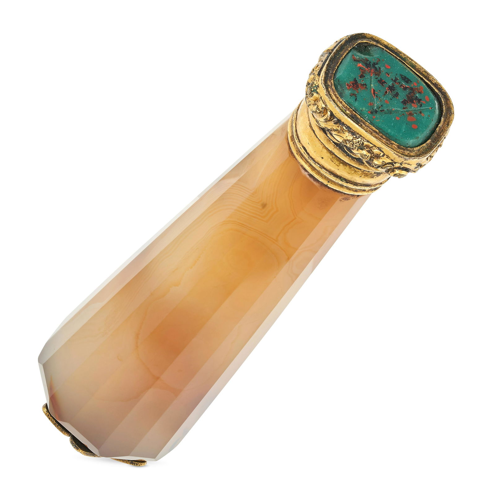 AN ANTIQUE AGATE HAND SEAL comprising a carved agate handle set with a cushion shaped glass intag... (1 of 2)