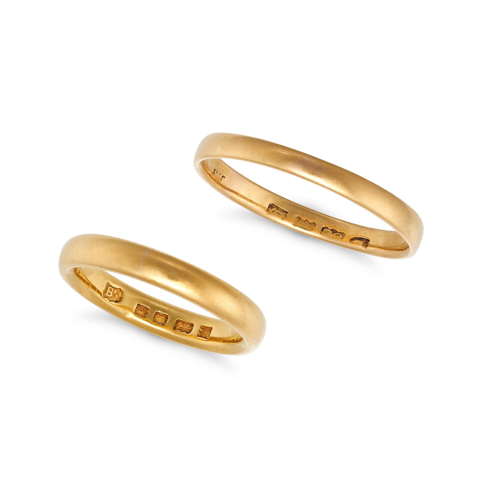 NO RESERVE - TWO GOLD WEDDING BAND RINGS in 22ct yellow gold, each of plain design, one with part... (1 of 1)