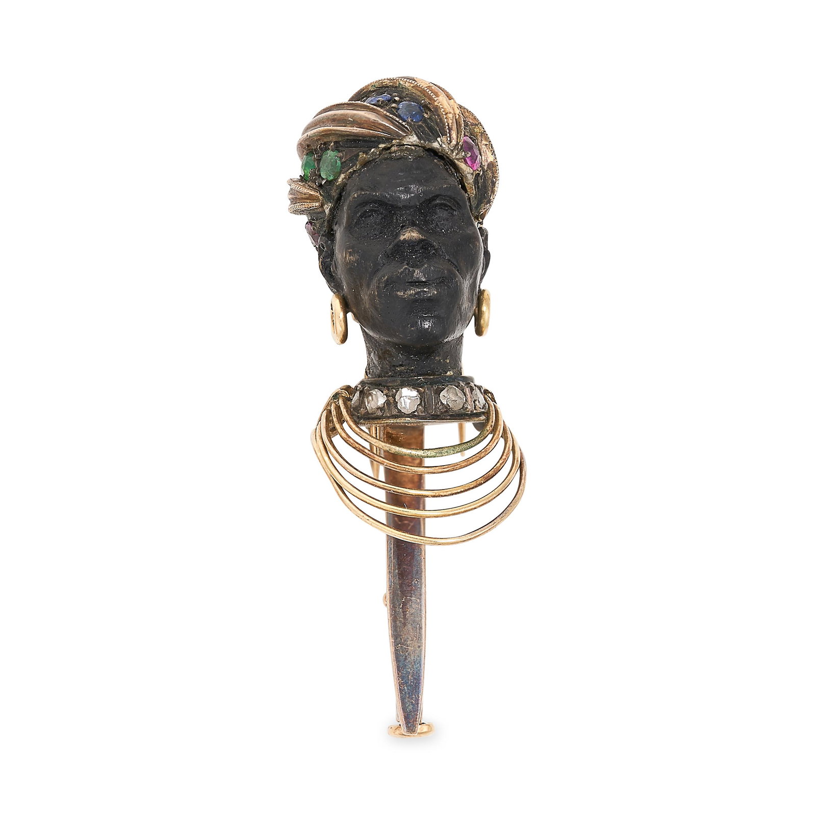 NO RESERVE - AN ANTIQUE GEMSET BLACKAMOOR BROOCH in yellow gold, designed as the bust of a man ca... (1 of 1)