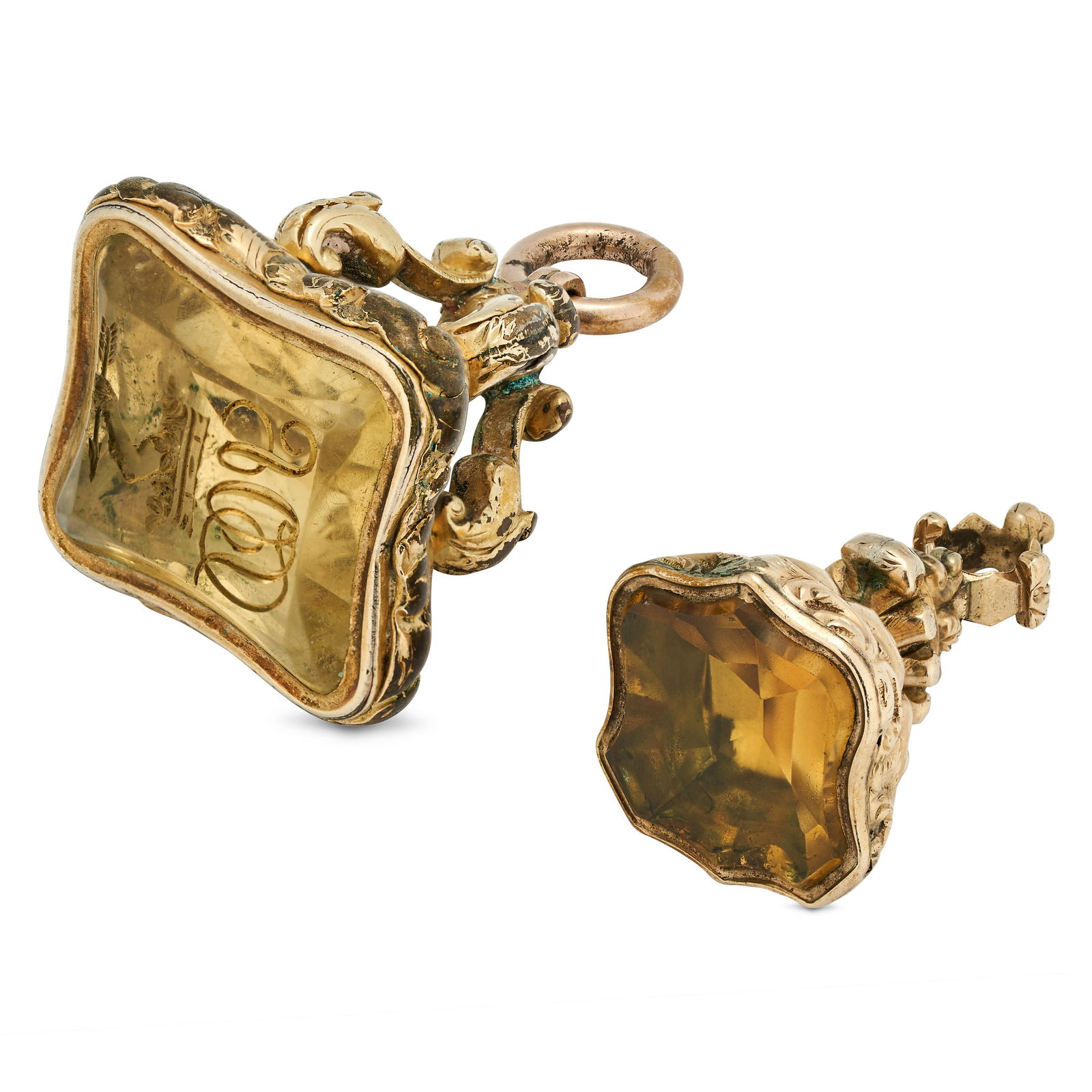 NO RESERVE - TWO ANTIQUE CITRINE FOB SEALS one set with a shield shaped blank citrine seal, the o... (1 of 1)