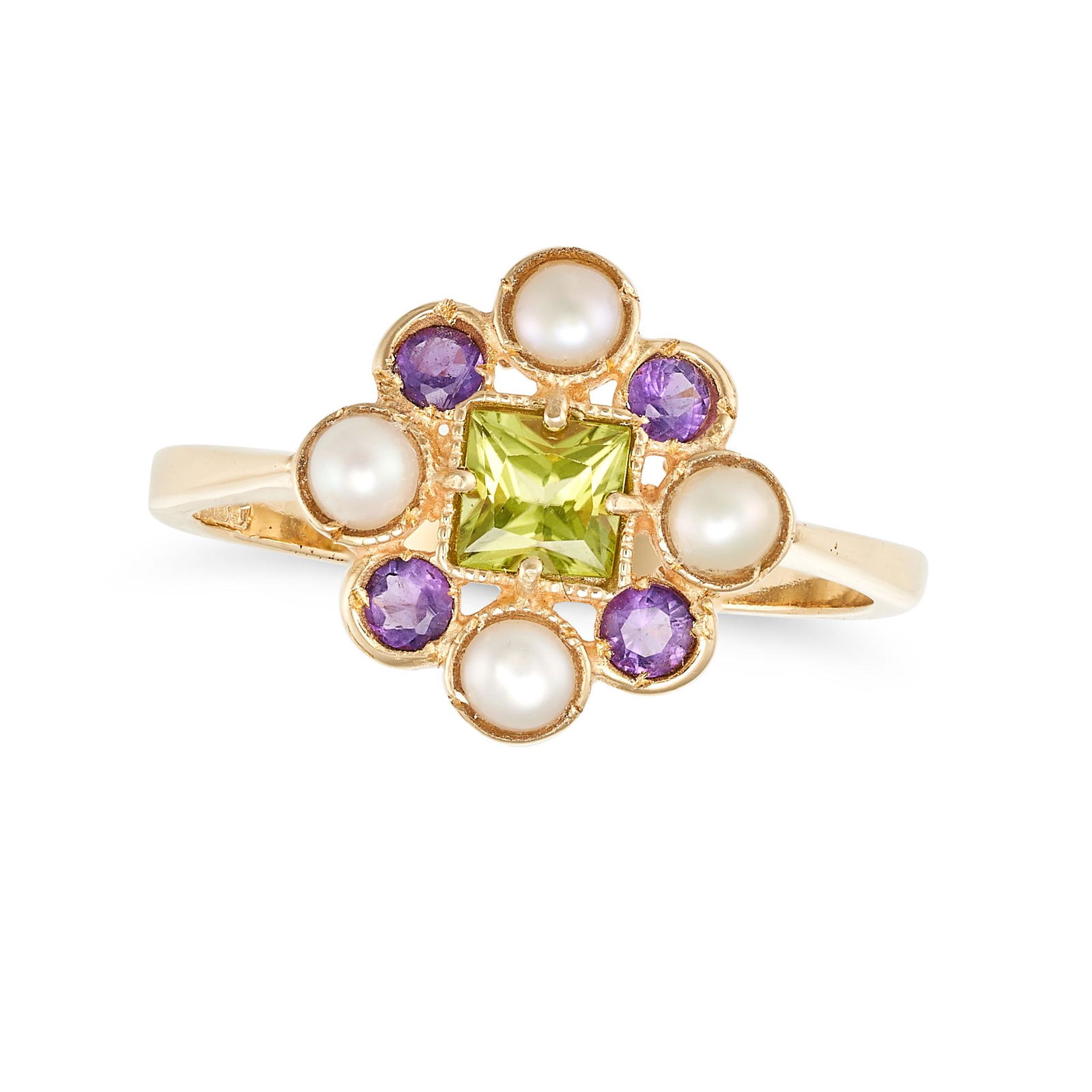 A PERIDOT, AMETHYST AND PEARL DRESS RING in 18ct yellow gold, set with a square step cut peridot ... (1 of 1)