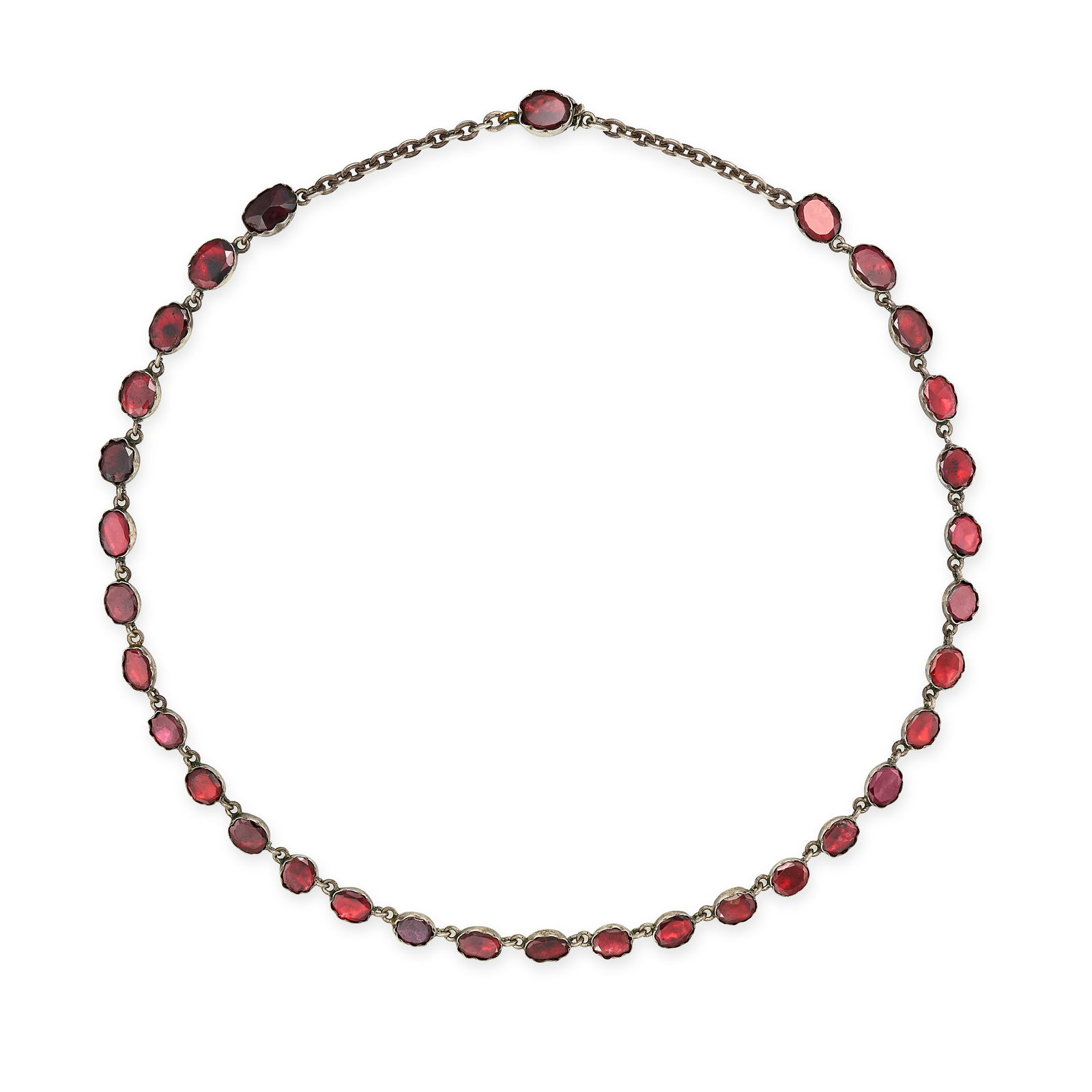 AN ANTIQUE FRENCH GARNET RIVIERE NECKLACE in silver, comprising a row of round, oval and cushion ... (1 of 1)