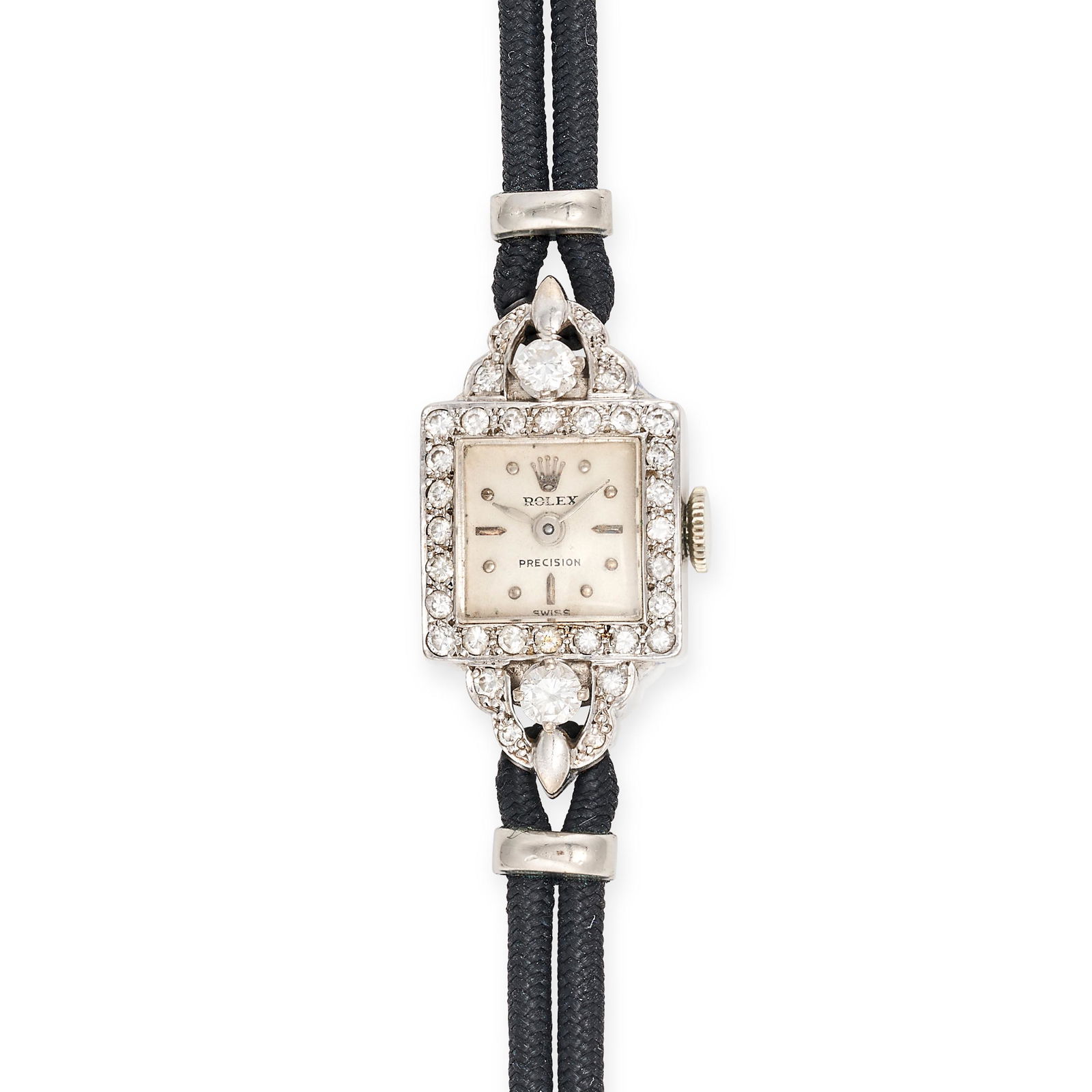 ROLEX, A VINTAGE DIAMOND WRISTWATCH in 18ct white gold, the square dial accented by a border of: ROLEX, A VINTAGE DIAMOND WRISTWATCH in 18ct white gold, the square dial accented by a border of single cut diamonds, accented by further round brilliant cut diamonds, on a black cord bracelet, signed